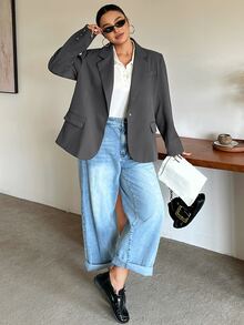 Dazy Plus Solid Color Casual Fun Commute Loose Pocket Blazer Jacket Spring Autumn New Style - Grey - View 3
