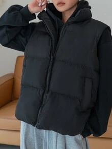 DAZY Women's Winter Comfortable Zipper Pocket Padded Vest Jacket - Black - View 3