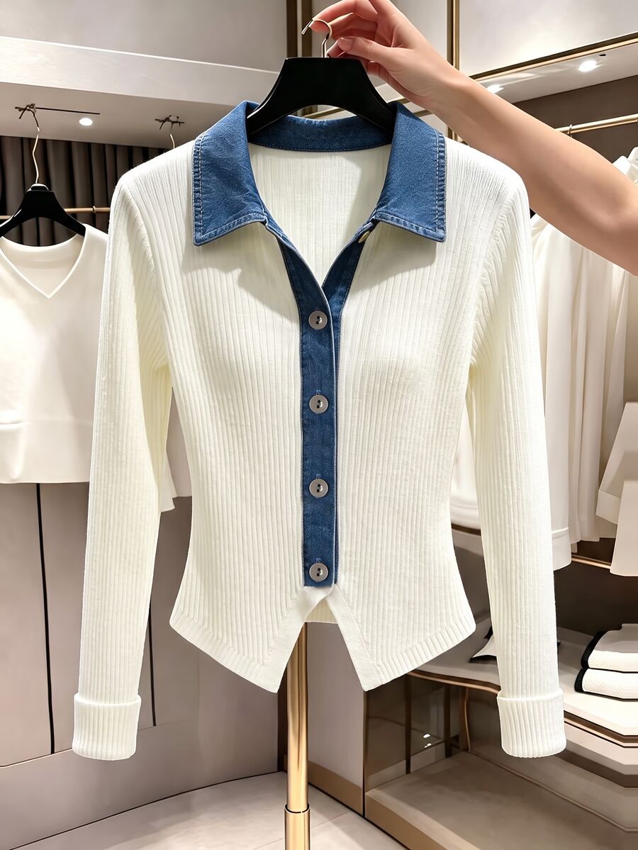 GlowEve Women's Fashion Ribbed Knit Denim Collar Patchwork Slim Fit Cropped Cardigan - White - View 1