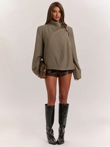 SHEIN BAE Jaket Kasual Wanita Warna Polos Lengan Panjang Desain Tumpang Tindih dengan Dekorasi Kancing - Mocha Brown - View 3