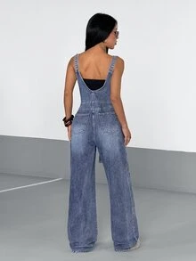 StreetHx Women's Slim High Waist Pocket Zipper Casual Denim Overalls - Blue - View 2