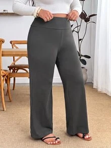 SHEIN PETITE CURVE 大尺碼女款純色高腰長褲，極簡日常穿搭，適合約會、度假、派對、日常外出、聚會、戶外活動 - 灰色 - 查看 7