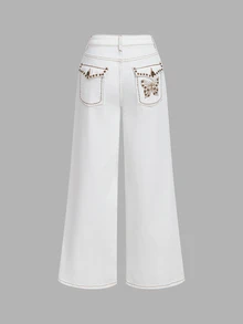 SHEIN PETITE Women's Casual Rivet & Embroidery Decorated Wide Leg Denim Jeans - White - View 4