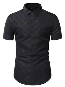 Manfinity Mode Men's Plus Size Single-Breasted Short Sleeve Diamond Pattern Versatile Shirt Casual Formal Shirt - Black - View 2