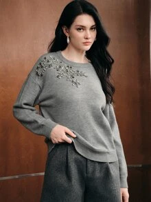 Anewsta Women's New Autumn Knit Sweater Top With Heavy Hand-Embellished Rhinestones, Round Neck Pullover - Grey - View 5