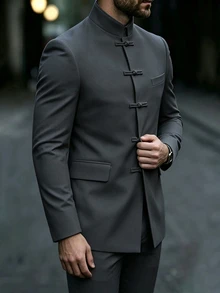 Manfinity Mode Men's Luxurious Frog Button Design Stand Collar Blazer, The Stand Collar Design Provides More Styling And Layering, Suitable For Daily Commute, Business, Party And Banquet Wear. This Blazer Is An Indispensable Versatile Item In Men's Wardrobe, Making It A Perfect Gift For Boyfriend Or Husband - Dark Grey - View 6