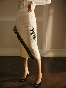 MOTF PREMIUM WOMEN'S LACE PATCHWORK CASUAL VERSATILE DAILY WEAR KNITTED SKIRT - White - View 7