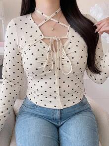 Dazy Plus Fashion Polka Dot Halter Neck Tie Fitted Korean Style Spring Autumn New Long Sleeve T-Shirt - Beige - View 3