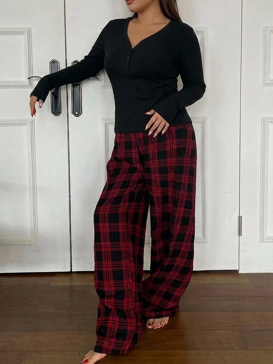 Dazy Plus Minimalist Casual Solid Color Top & Plaid Pants 2pcs Set Home Wear Spring Autumn New Pajama Outfit - Black - View 1