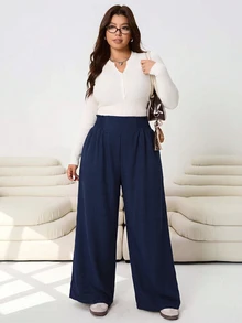 SHEIN CURVE+ 大尺碼女款素色百褶休閒百搭日常穿著長褲 - 藏蓝色 - 查看 5