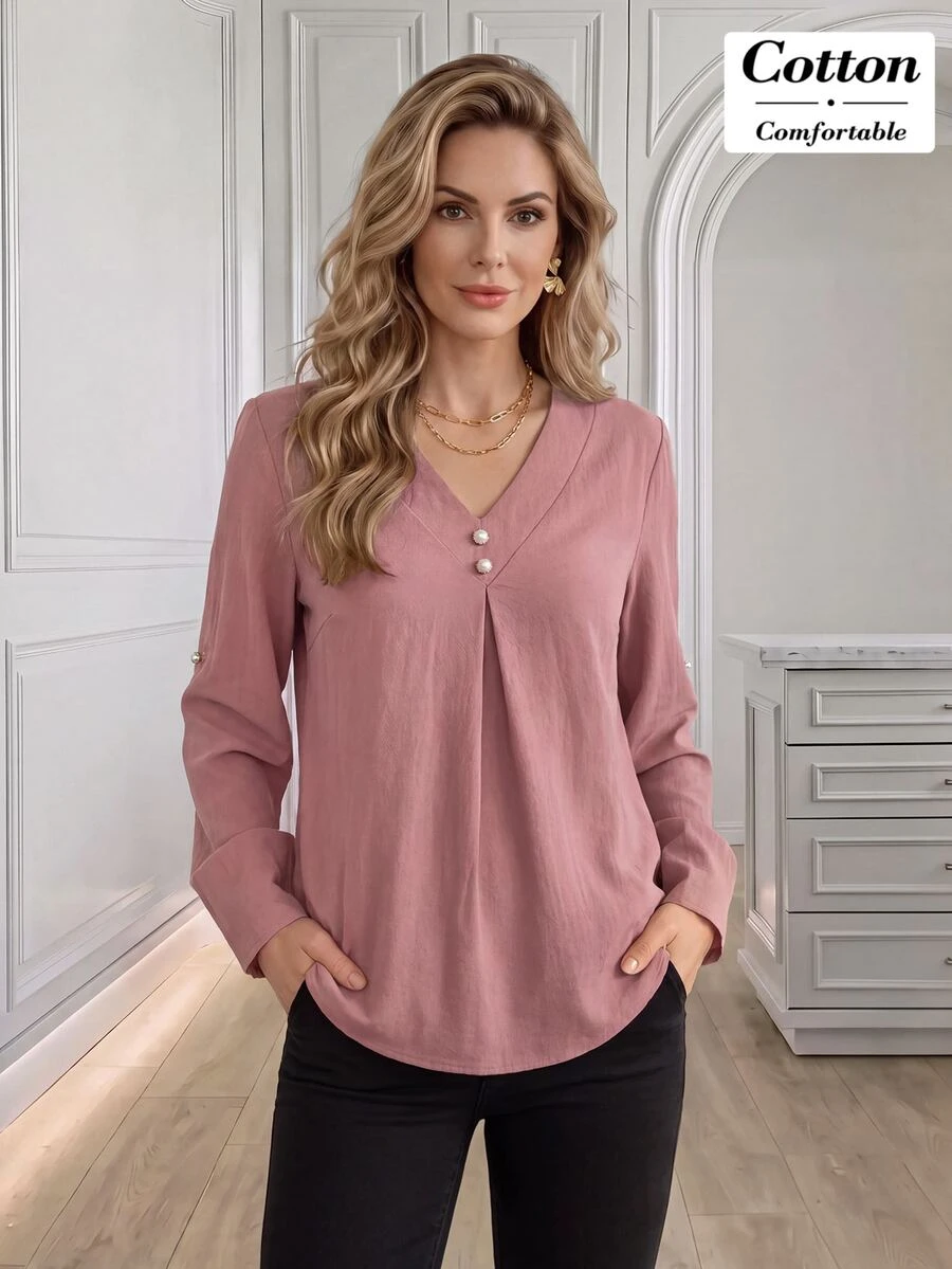 Medorina Women's Solid Color V-Neck Long Sleeve Casual Commuter Blouse - Red - View 1