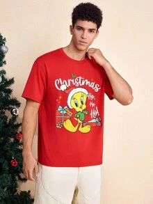 LOONEY TUNES X SHEIN Men's Cartoon Print Short Sleeve Crew Neck T-Shirt - Red - View 4