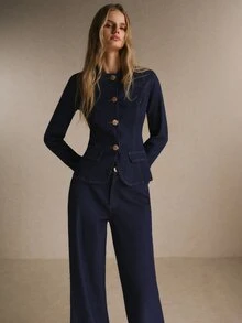 SHEIN BAE 女款修身牛仔西裝外套與長褲套裝，鈕扣前襟、翻蓋口袋，優雅通勤辦公風 - 深色水洗藍 - 查看 7