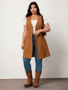 Truni Plus Size Women's Western Style Casual Corduroy Vest Long Coat Pear Body,Triangle Body Fall - Brown - View 7