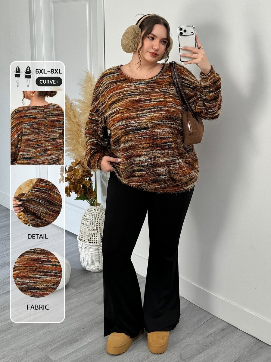 SHEIN CURVE+ 女款大尺碼長袖休閒運動上衣 - 棕色 - 查看 1