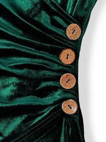 SHEIN Holidaya Vintage Dark Green Velvet V-Neck Cross Long Sleeve Top Side Button Ruched Waist Slim Fit Base Layer Shirt Elegant Slenderizing French Style Commute Inner Wear T-Shirt Suitable For Daily Commute Thanksgiving Christmas - Green - View 4