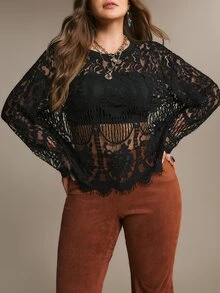 Freevana Plus Size Women Fashion Party Lace Long Sleeve Blouse - Black - View 4