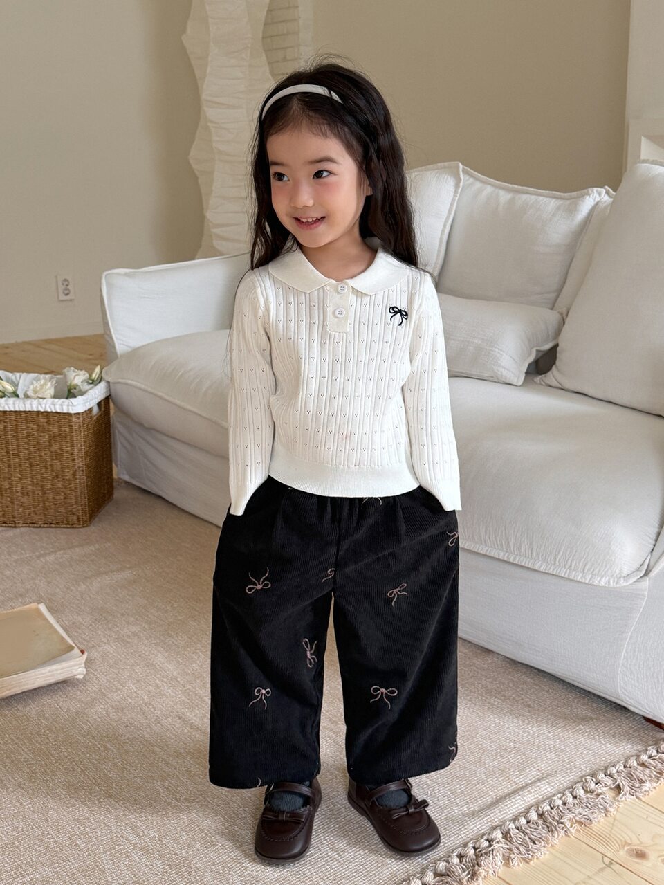Baby Girl Elastic Waist Bow Print Double Pocket Casual Loose Long Pants