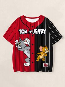 TOM & JERRY X SHEIN Tween Girl Cartoon & Letter Graphic Striped Tee - White - View 1
