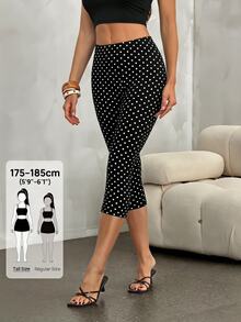 SHEIN Tall 高腰波點印花七分緊身褲 - 黑色 - 查看 7