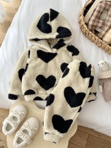 LMoss Kids Baby Girl Knitted Heart Pattern Faux Fur Hooded Long Pants Casual Sweatshirt Set 2 Pieces - Black and White - View 5