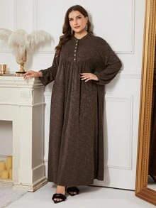 Al Najma Minimalist Casual Knit Jacquard Stand Collar Long Sleeve Loose Regular Fit Spring Autumn Plus Size Women Arabian Dress - Chocolate Brown - View 7