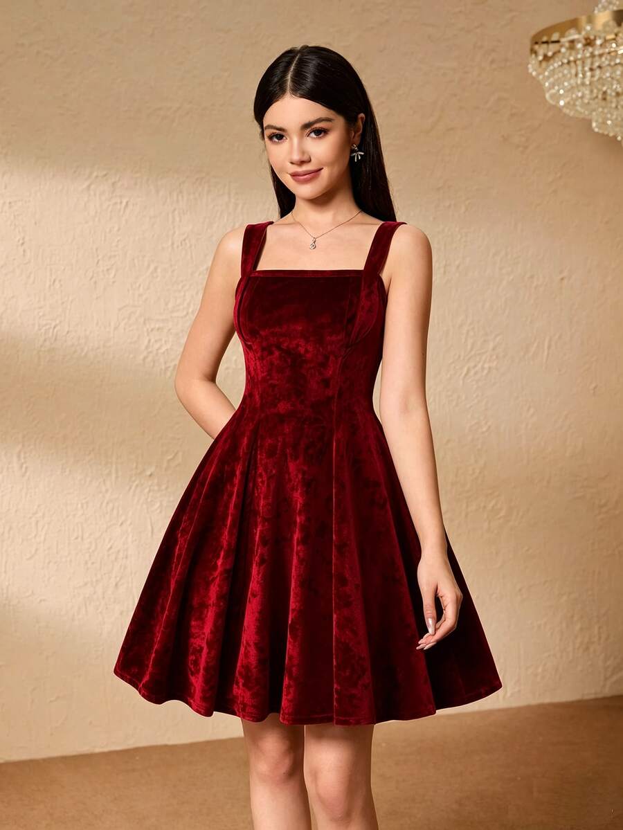 SHEIN Red Formal Cute Dress For Teen Girl, Spaghetti Strap A-Line Satin Elegant Premium Texture, Suitable For Vacation, Graduation Ceremony Party Dinner - Red - View 1