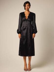 COSMINA Women's Casual Elegant Satin Black Polka Dot Lace Patchwork Dress - Black - View 3