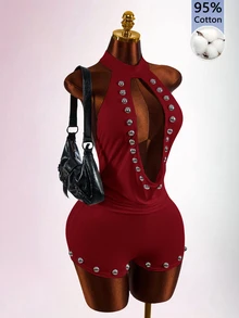 Amplova Women's Street Style Rivet Open Back Sexy Jumpsuit - Burgundy - View 5