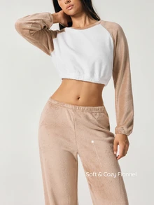 SHAPORA Women's Autumn/Winter Minimalist Fashion Comfortable Colorblock Flannel Crop Top & Long Pants Loungewear Set - Multicolor - View 4