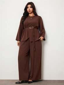 Enliva Plus Size Women's Two Pieces Pants Set Long Sleeve Belted Top Wide Leg Pants Elegant Outfit Flattering Compatible With Apple Shape Fall - Brown - View 5
