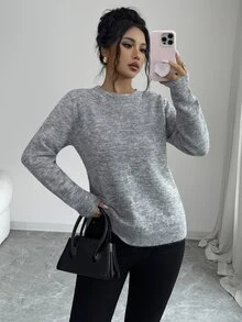 SHEIN Elenzya 女款秋季新款圓領素色合身寬鬆百搭通勤時尚設計後背蝴蝶結開衩針織套頭長袖毛衣單件 - 灰色 - 查看 3