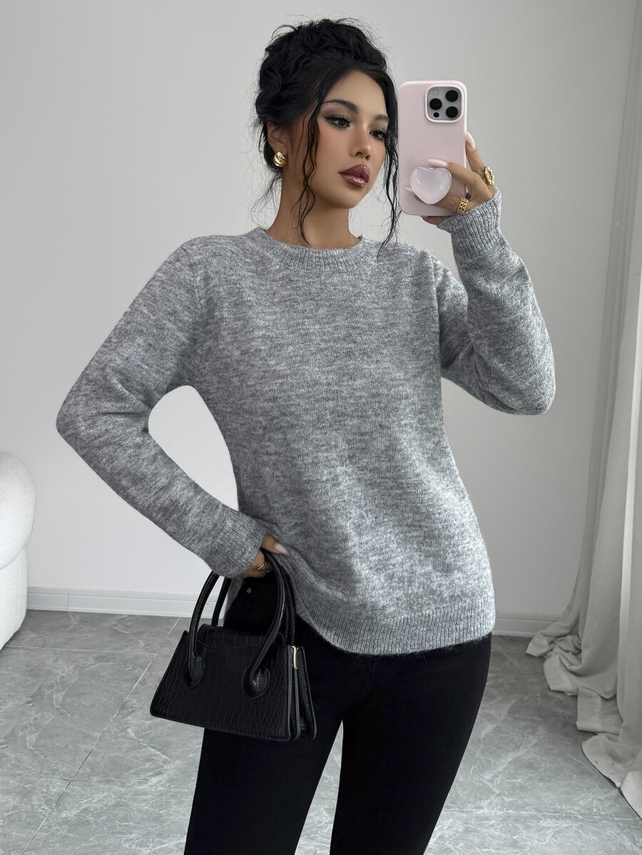 SHEIN Elenzya Women's Autumn New Round Neck Solid Color Regular Fit Loose Versatile Commute Fashion Design Back Bow Split Knit Pullover Single Piece Long Sleeve Sweater - Grey - View 1