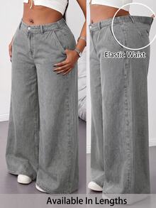 SHEIN Tall CURVE 大尺碼女款彈性腰口袋寬腿牛仔褲 - 灰色 - 查看 2