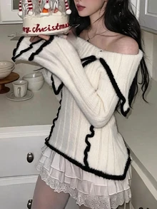 DAZY Contrast Color Patchwork Off-Shoulder Turn-Down Collar Slim Fit Pure Desire Flare Sleeve Knit Sweater For Women - White - View 1