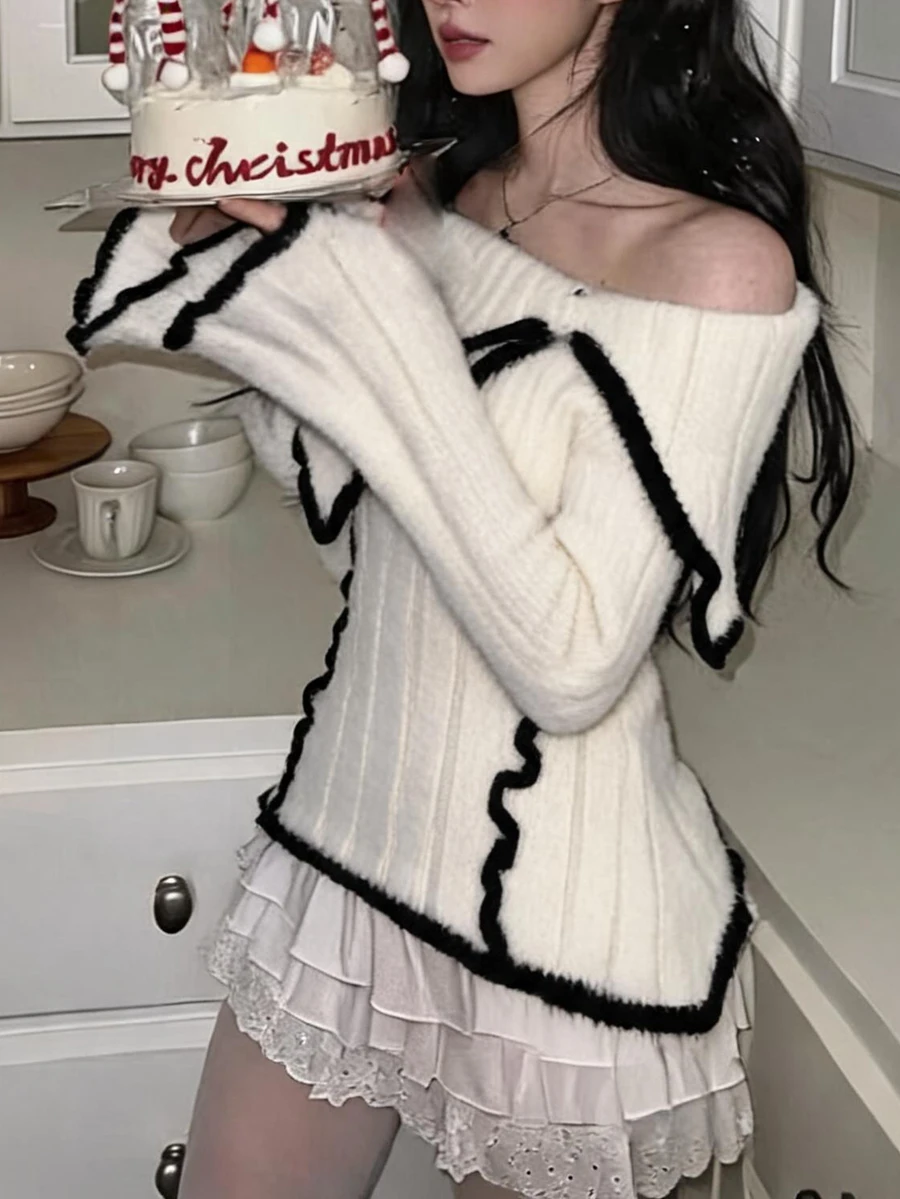 DAZY Contrast Color Patchwork Off-Shoulder Turn-Down Collar Slim Fit Pure Desire Flare Sleeve Knit Sweater For Women - White - View 1