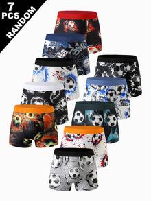 (Random 7pcs) Boys Football Print Cartoon Sports Underwear Boxer Briefs - Multicolor - View 1