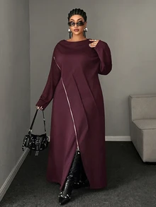 Maweii Design Drape Neck One Side Zipper Split Long Sleeve Loose Fit Long Sweatshirt - Burgundy - View 5