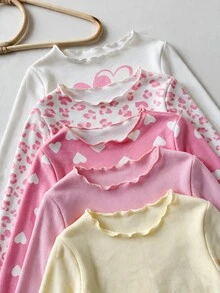 SHEIN 女嬰針織純色波點條紋愛心圖案荷葉邊飾T恤與長褲10件套裝 - 彩色 - 查看 4