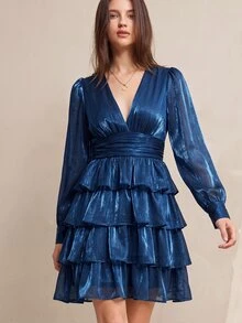 BELROSIE 法式風格V領甜美碎花度假短款層次雪紡長袖蛋糕裙女款迷你洋裝 - 寶藍色 - 查看 5