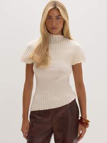 MUSEYN Cream Ribbed Knit High Neck Asymmetric Top Timeless Date Night New Season Fall - Apricot - View 1