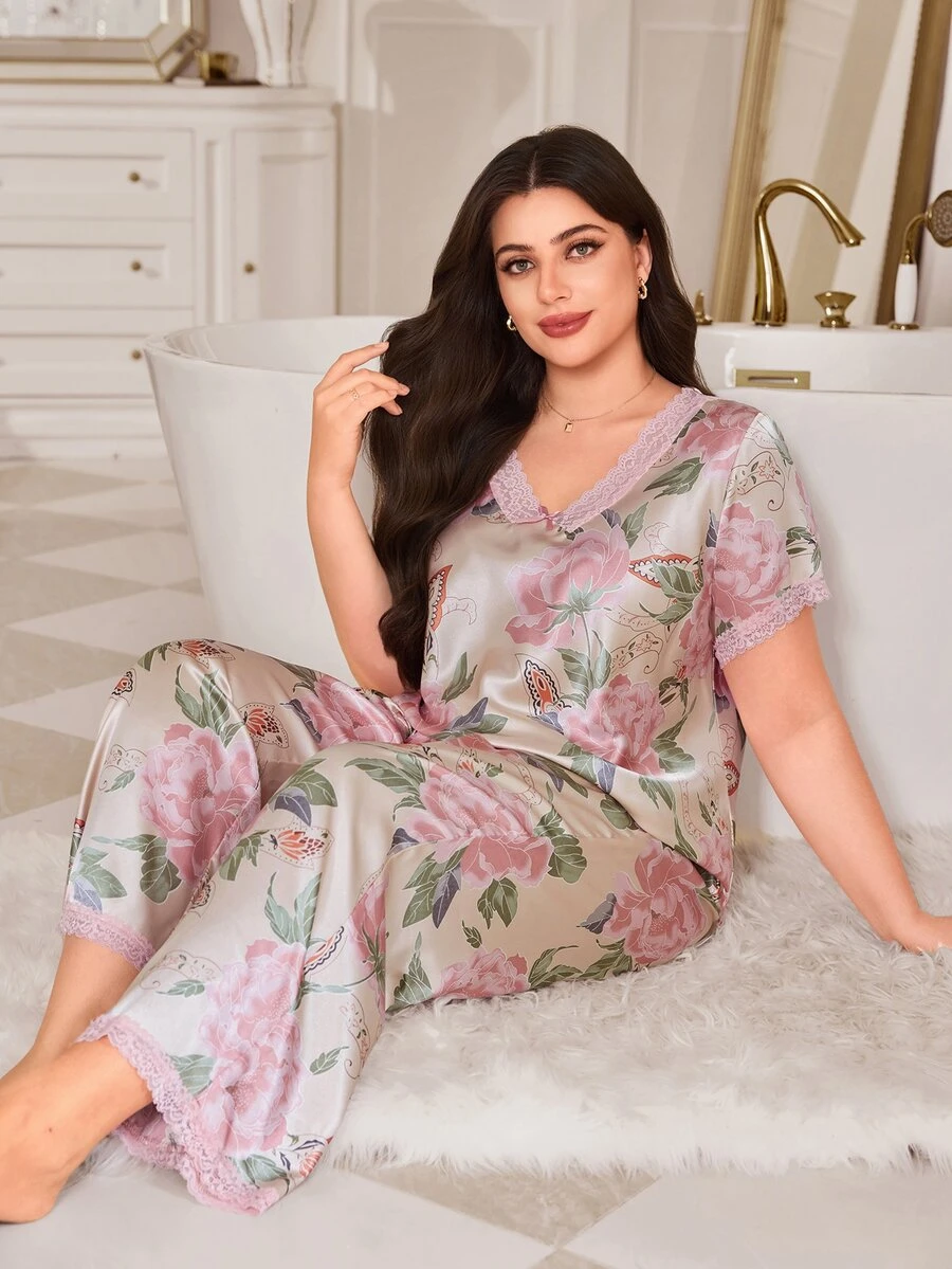 MuseNap CURVE Large Floral Print Faux Silk Contrast Lace Short Sleeve Top And Long Pants Elegant Plus Size Pajama Set - Multicolor - View 1