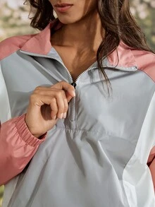 Exploreva Women's Outdoor Contrast Color Zipper Half Placket Long Sleeve Regular Jacket - Coral Pink - View 4