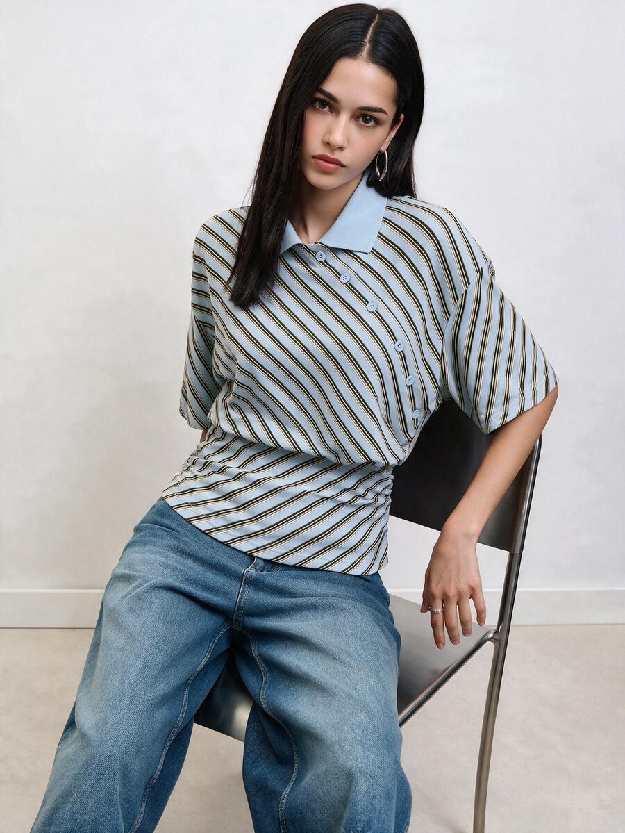 Nöista Women's Striped Casual Daily Wear T-Shirt - Blue - View 1