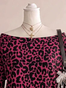 SHEIN EZwear 女款豹紋休閒百搭日常穿著運動衫 - 紅色 - 查看 5