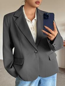 Dazy Plus Solid Color Casual Fun Commute Loose Pocket Blazer Jacket Spring Autumn New Style - Grey - View 5