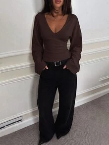 SHEIN Tall 女款簡約百搭純色長袖上衣，適合日常穿著 - 棕色 - 查看 7