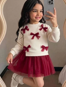 Young Girl Bowknot Decor Mesh Long Sleeve Princess Dress For Formal Occasions And Casual Wear - Red - View 1
