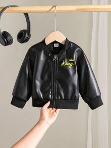 SHEIN Playful Pals 1件幼童男孩PU皮革飛行員夾克，帥氣黑色國王皇冠印花，拉鍊開襟長袖立領，正裝版型，生日秋季假期聖誕外套 - 黑色 - 查看 6