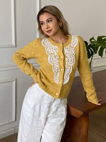 Livesso Kardigan Wanita Kasual Serbaguna untuk Pemakaian Harian dengan Patchwork Renda - Kuning - View 6